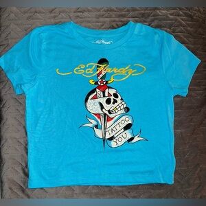 Ed Hardy Tattoo You Light Blue Women’s Tee with Skull Graphic sz XS